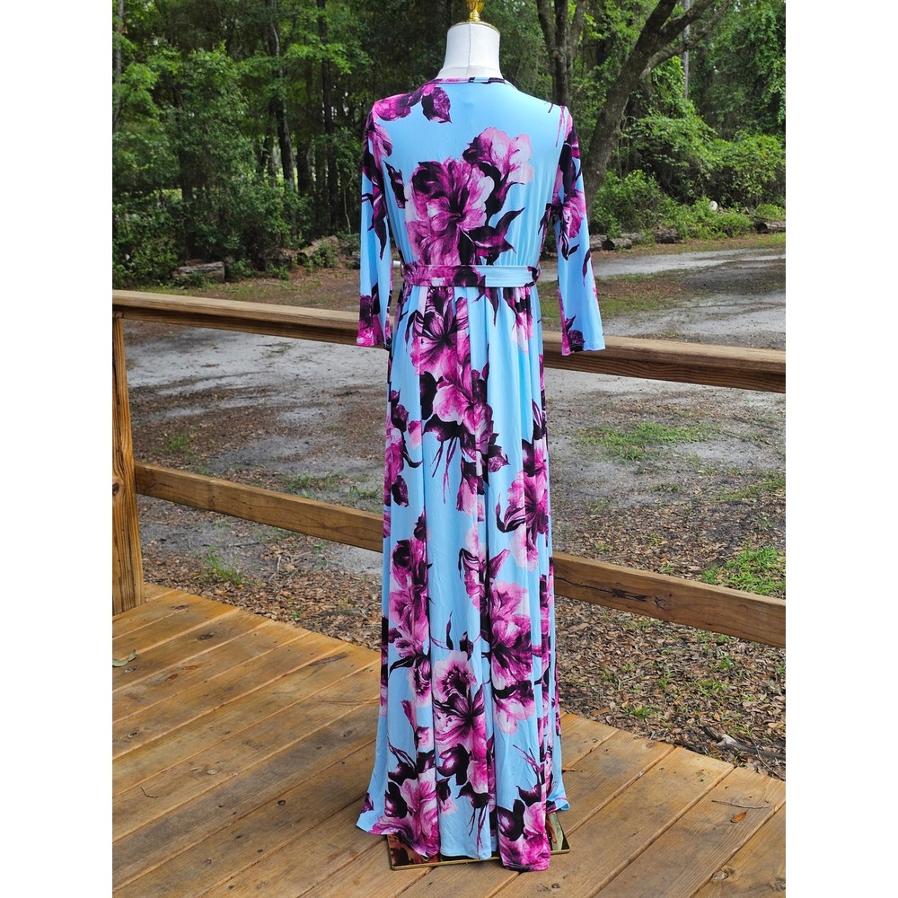 PinkBlush Floral Maxi Dress Blue Magenta Faux Wrap 3/4 Sleeve L VD8053-13K